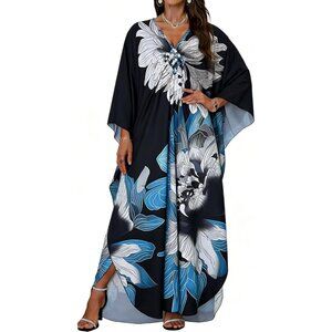 Women's Gray Blue Floral V-Neck Batwing Sleeves Smocked Waist Maxi Kaftan Dress